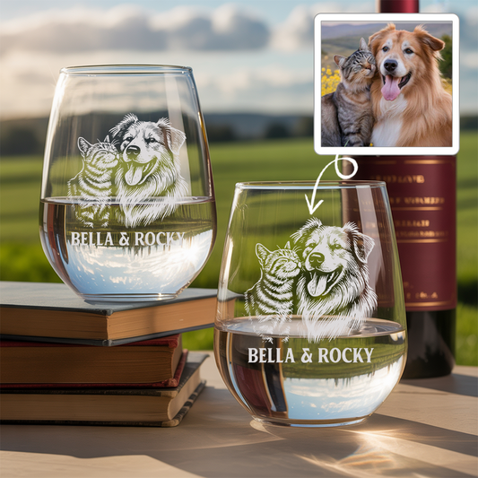 Custom Photo Dog & Cat Stemless Wine Glass | Personalized Pet Photo Stemless Wine Glass | Pet Lover Gift TNNGL15