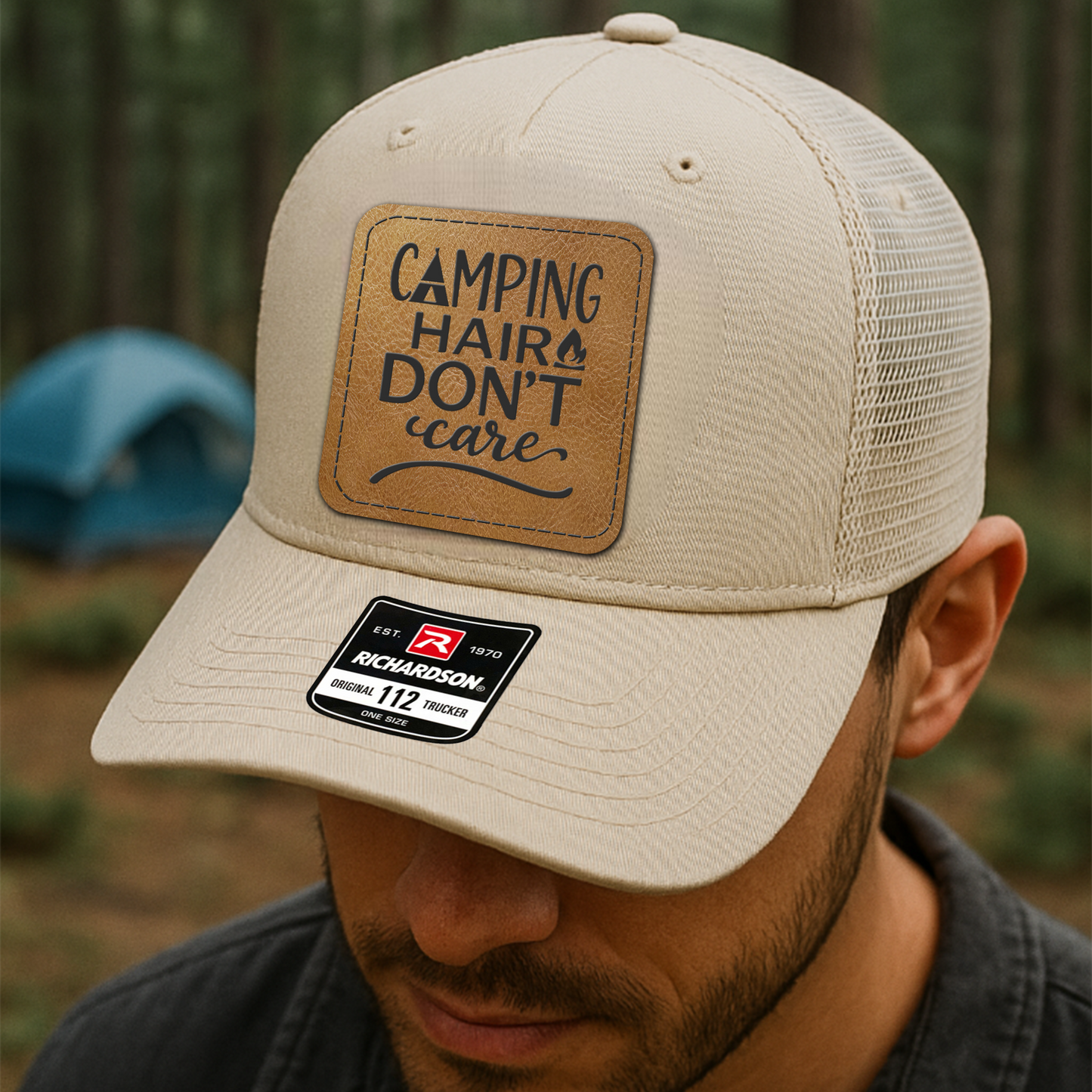 Custom Camping Trucker Hat – “Camping Hair Don’t Care” Funny Richardson 112 Outdoor Cap VHA163
