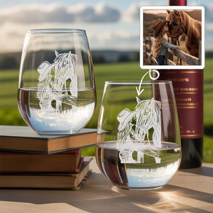 Custom Photo Horse Stemless Wine Glass | Personalized Pet Photo Stemless Wine Glass | Gift For Pet Owners TNNGL55