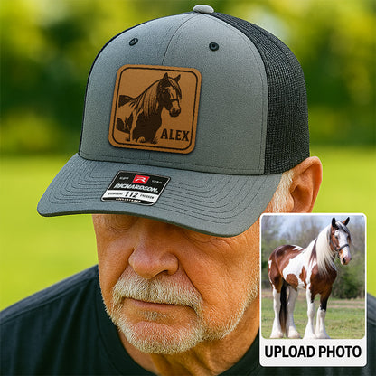 Personalized Horse Photo Leather Patch Hat | Custom Pet Photo Trucker Hat | Horse Portrait Trucker Hat Farm Lovers THUC99P02