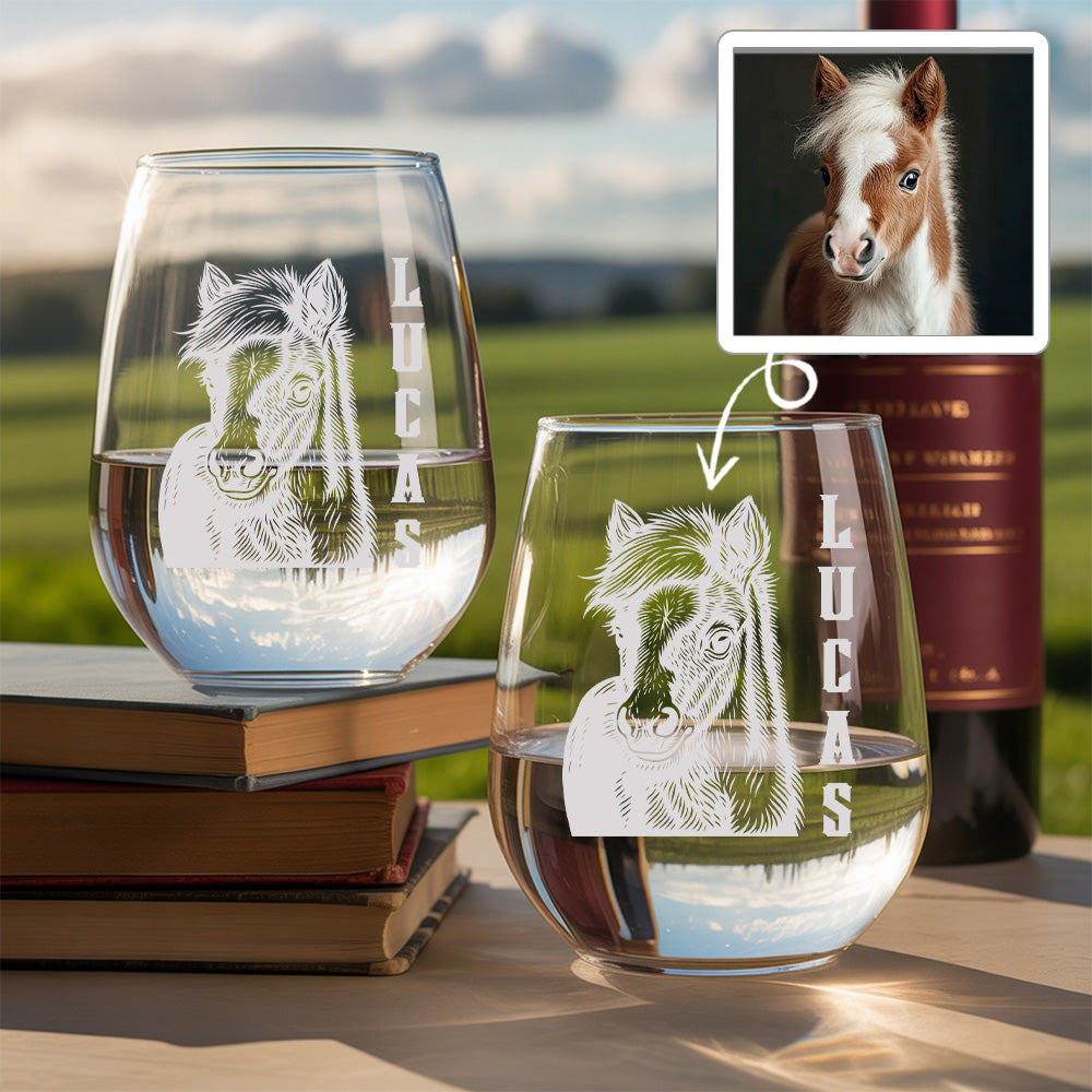 Custom Photo Horse Stemless Wine Glass | Personalized Pet Photo Stemless Wine Glass | Gift For Pet Owners TNNGL52