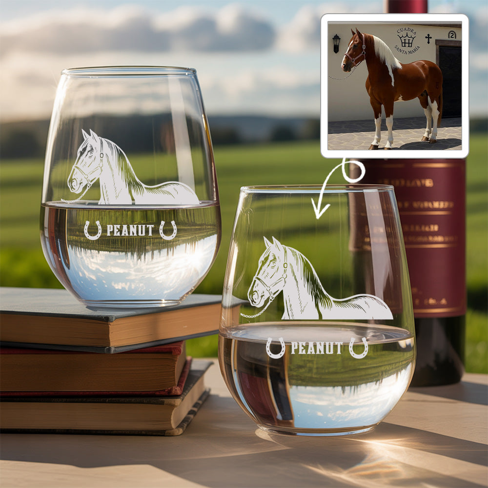 Custom Photo Horse Stemless Wine Glass | Personalized Pet Photo Stemless Wine Glass | Gift For Pet Owners TNNGL51