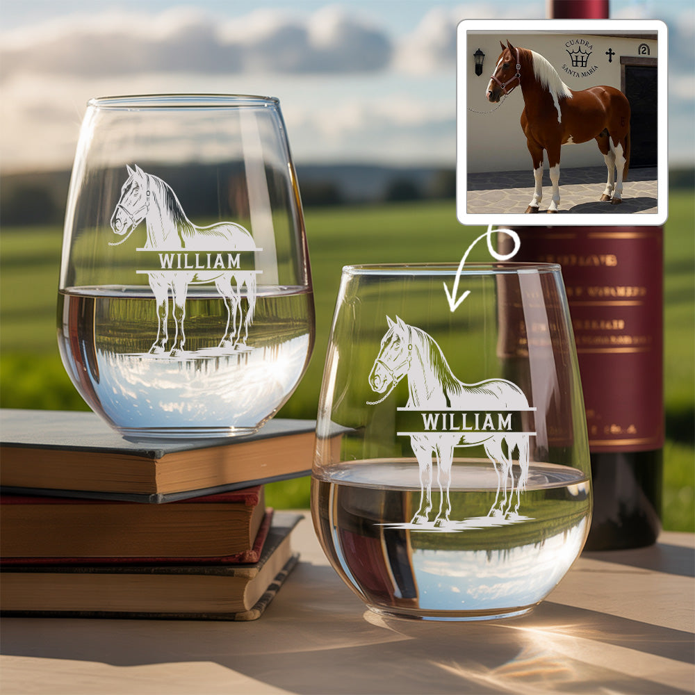 Custom Photo Horse Stemless Wine Glass | Personalized Pet Photo Stemless Wine Glass | Gift For Pet Owners TNNGL54