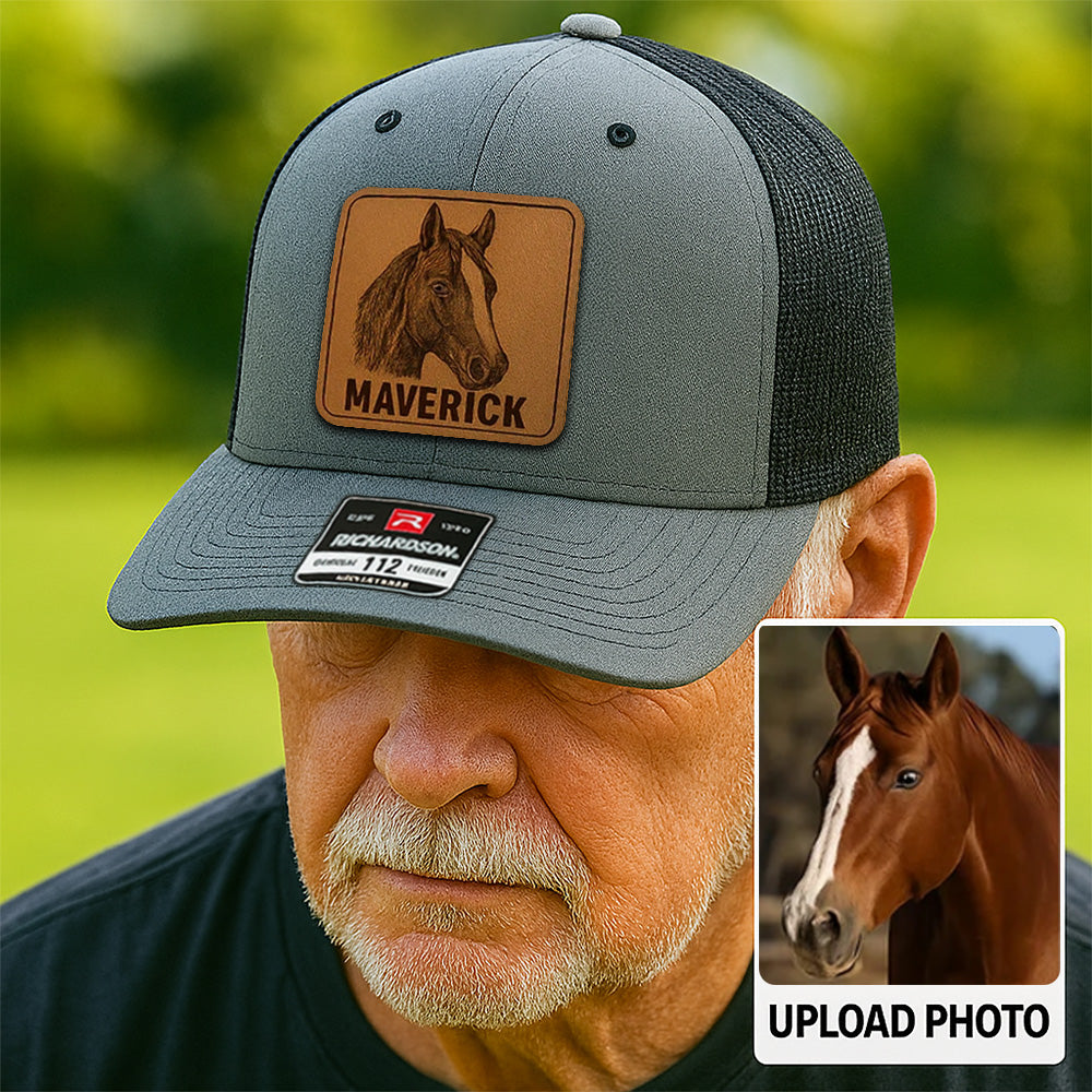 Custom Pet Photo Trucker Hat – Personalized Leather Patch Hat – Horse Lovers Gift – Custom Animals Hat NGOC99A11