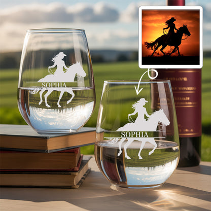 Custom Photo Horse Stemless Wine Glass | Personalized Pet Photo Stemless Wine Glass | Gift For Pet Owners TNNGL56