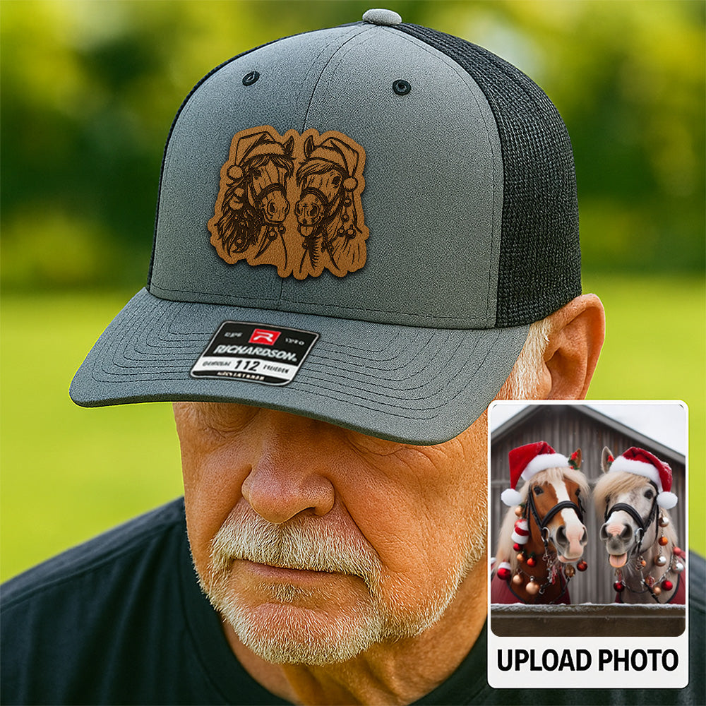 Personalized Horse Photo Leather Patch Hat | Custom Pet Photo Trucker Hat | Unique Gift For Horse Lovers THUC99P08