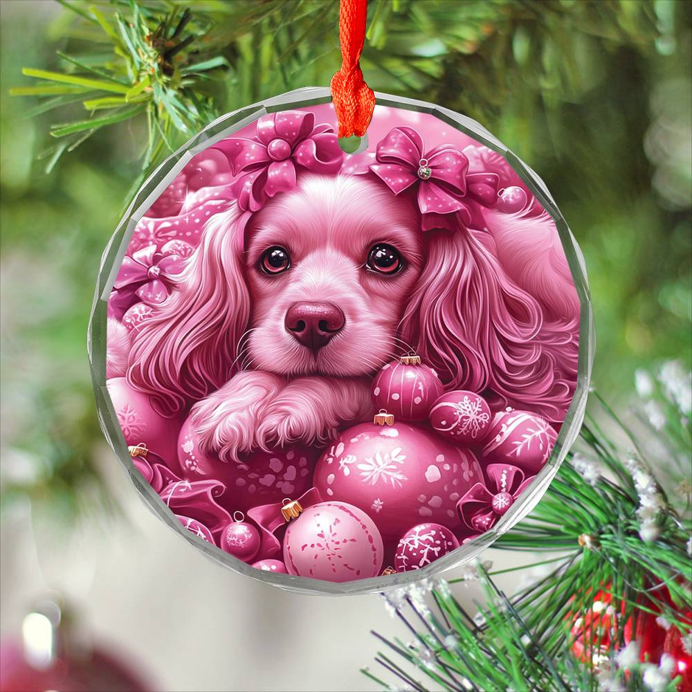 Cocker Spaniel Dog Pink Christmas Design 1 Glass Ornament