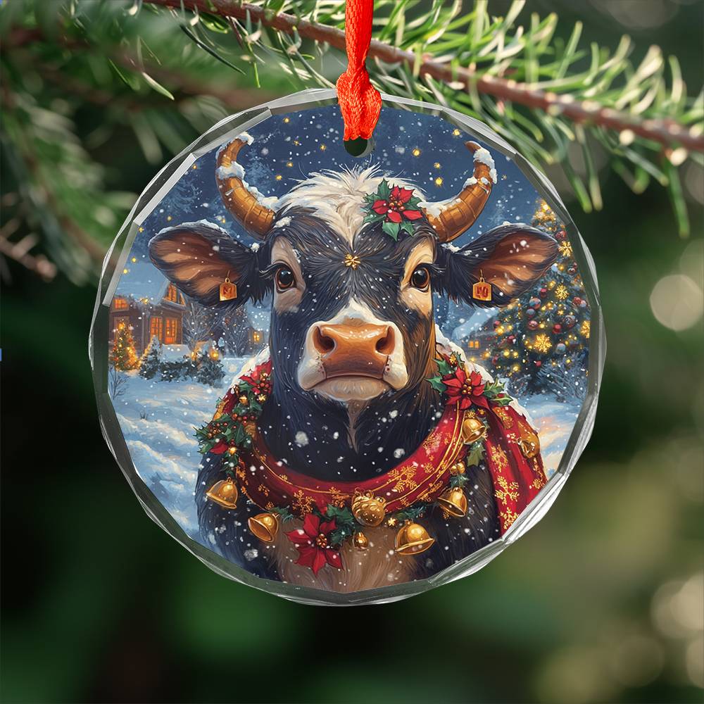 Beautiful Bull Christmas Night Design 1 Glass Ornament