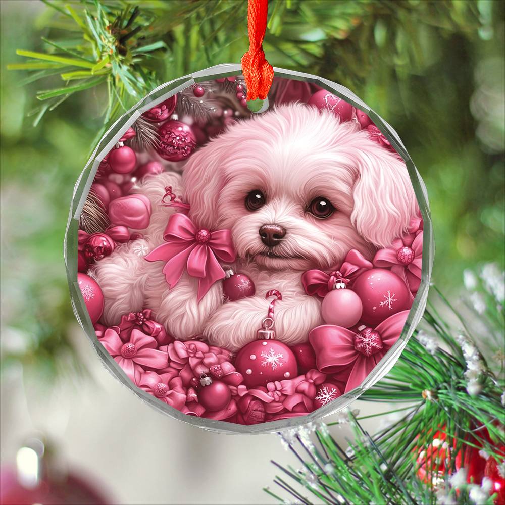 Bichon Frise Dog Pink Christmas Design 2 Glass Ornament