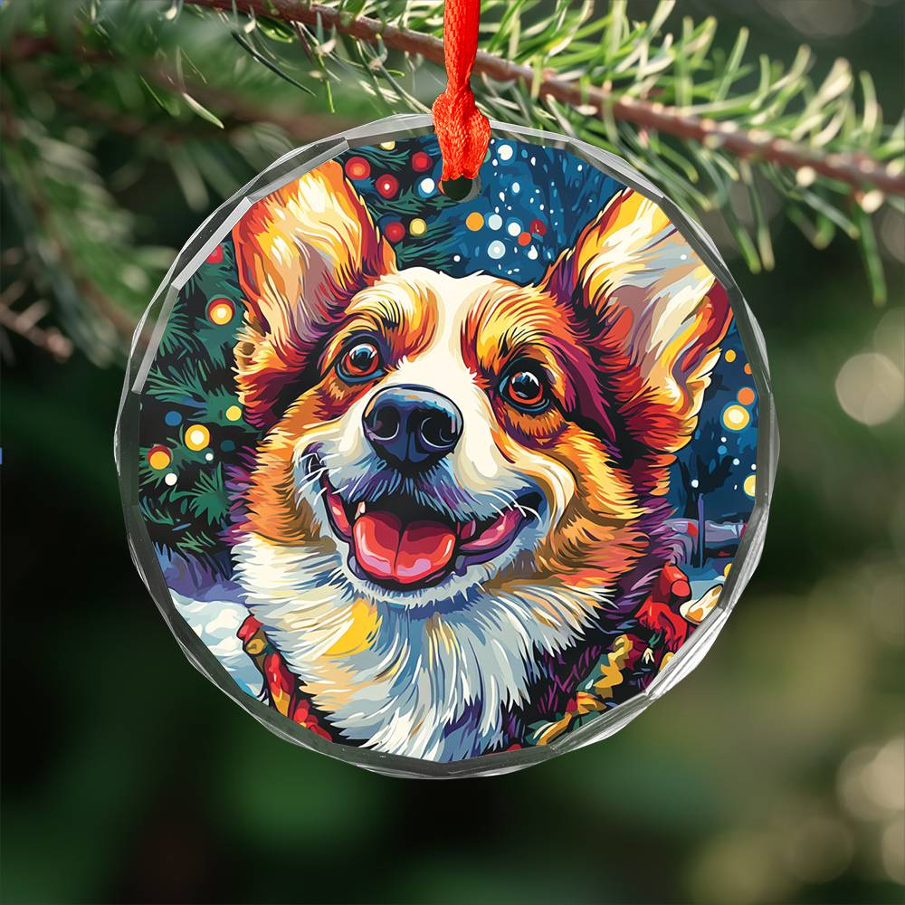 Beautiful Angus Corgi Dog Christmas Night Design 1 Glass Ornament
