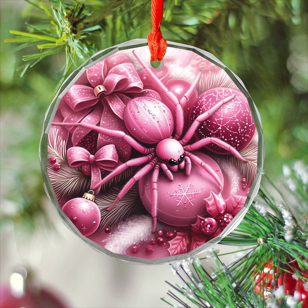Spider Pink Christmas Design 4 Glass Ornament