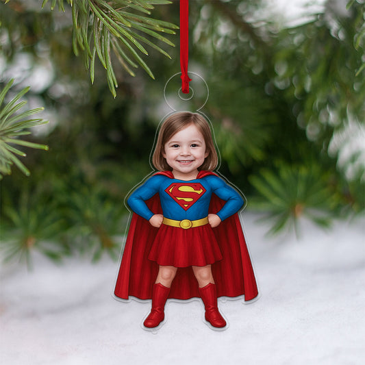 Custom Photo Baby Girl Superman Ornament, Personalized Superhero Christmas Ornament, Baby’s First Christmas Gift