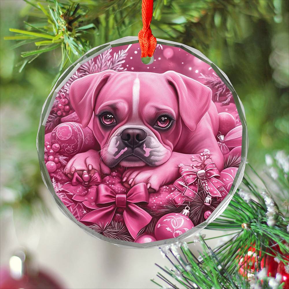 Boxer Dog Pink Christmas Design 2 Glass Ornament