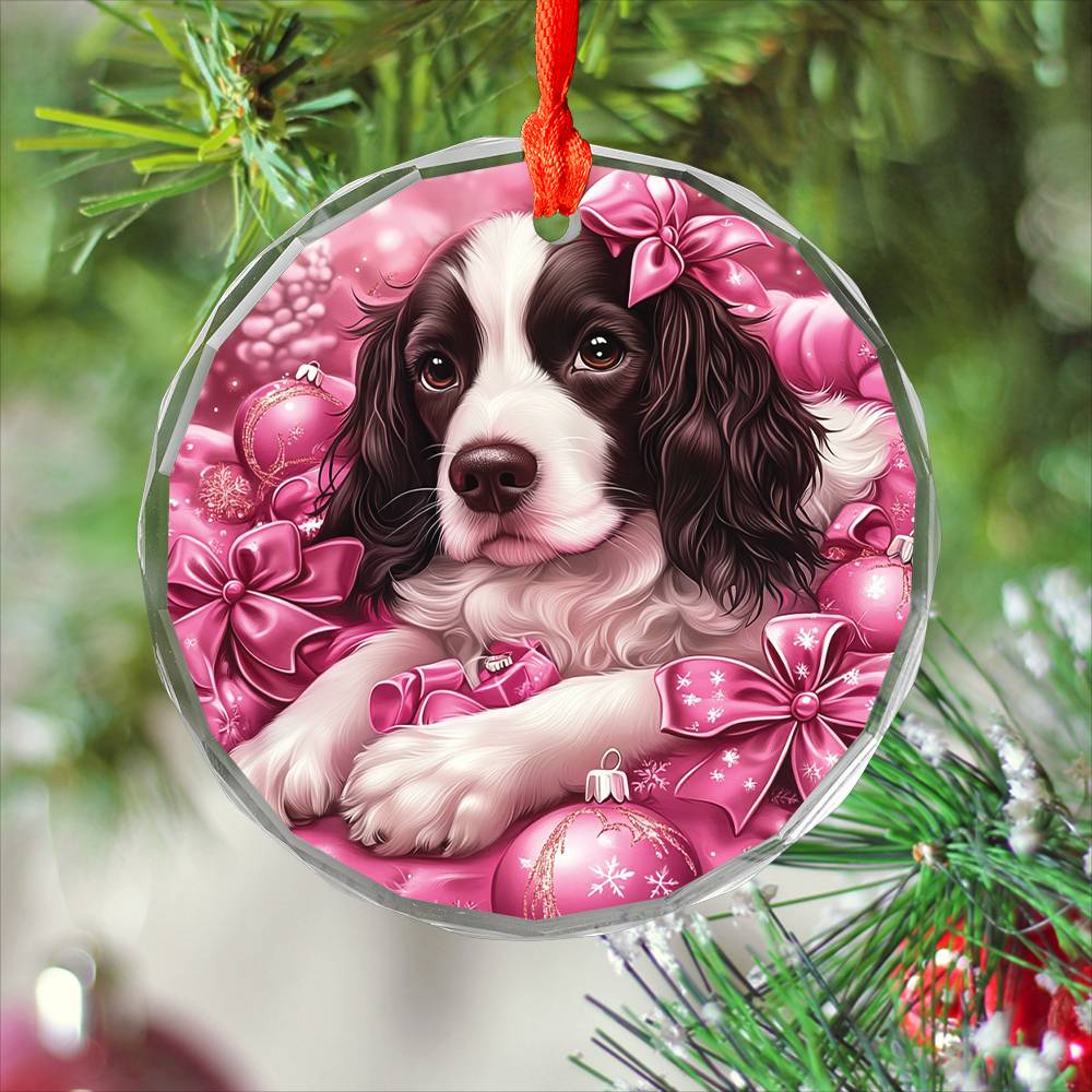 English Springer Spaniel Dog Pink Christmas Design 2 Glass Ornament