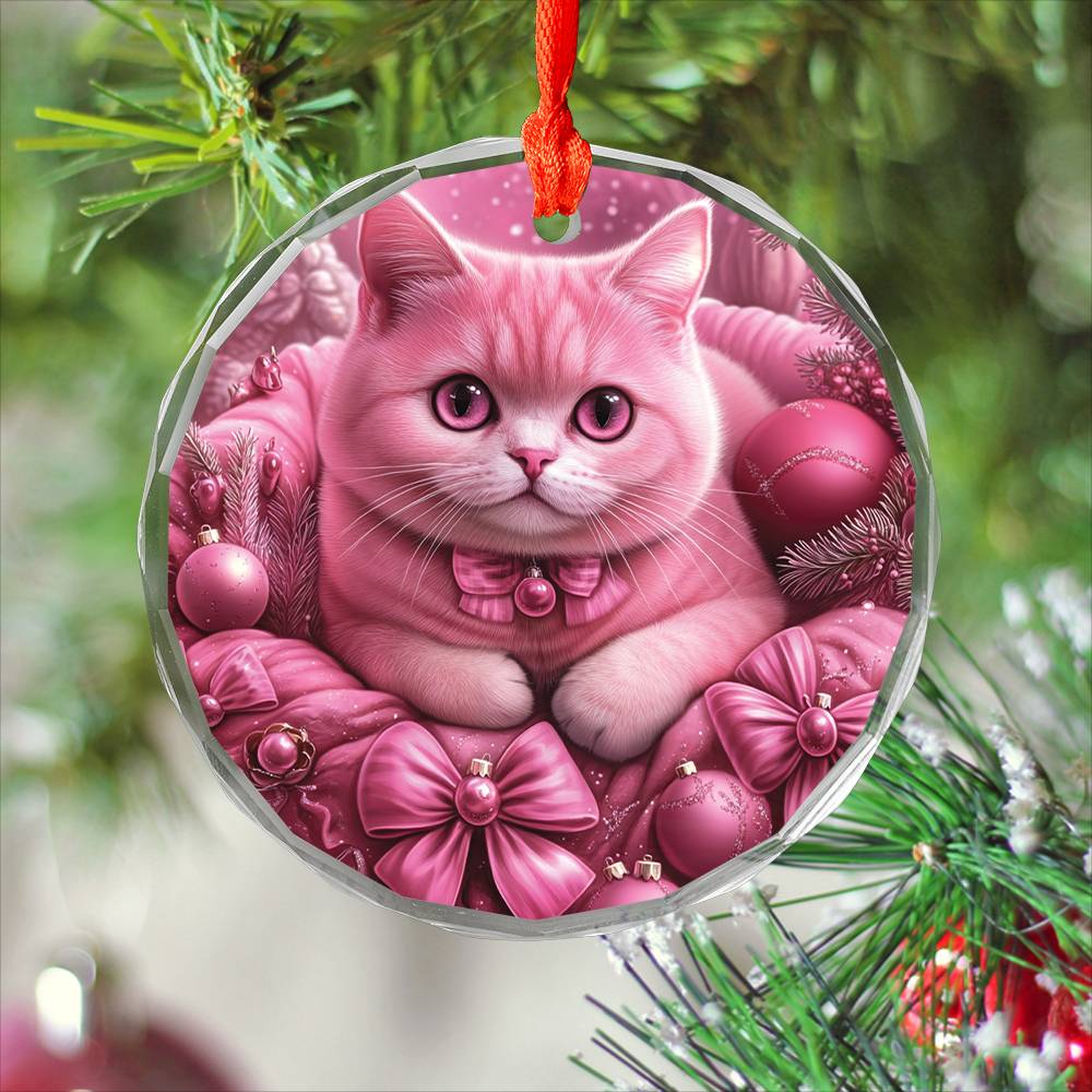 British Shorthair Cat Pink Christmas Design 1 Glass Ornament