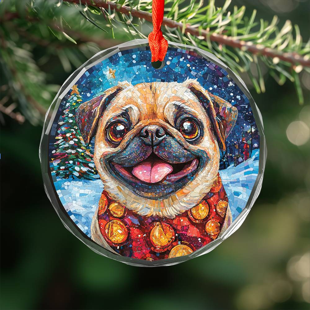 Beautiful Pug Dog Christmas Night Design 1 Glass Ornament