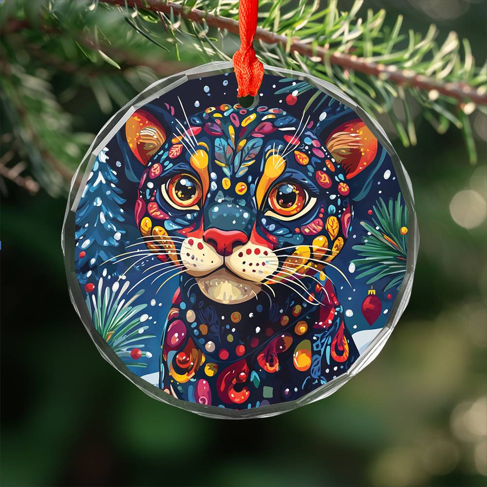 Beautiful Panther Christmas Night Design 3 Glass Ornament