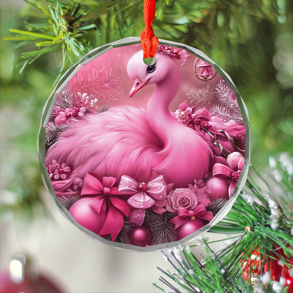 Ostrich Pink Christmas Design 2 Glass Ornament