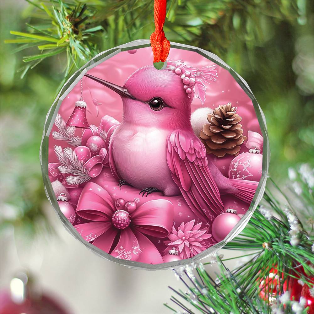 Hummingbird Pink Christmas Design 2 Glass Ornament