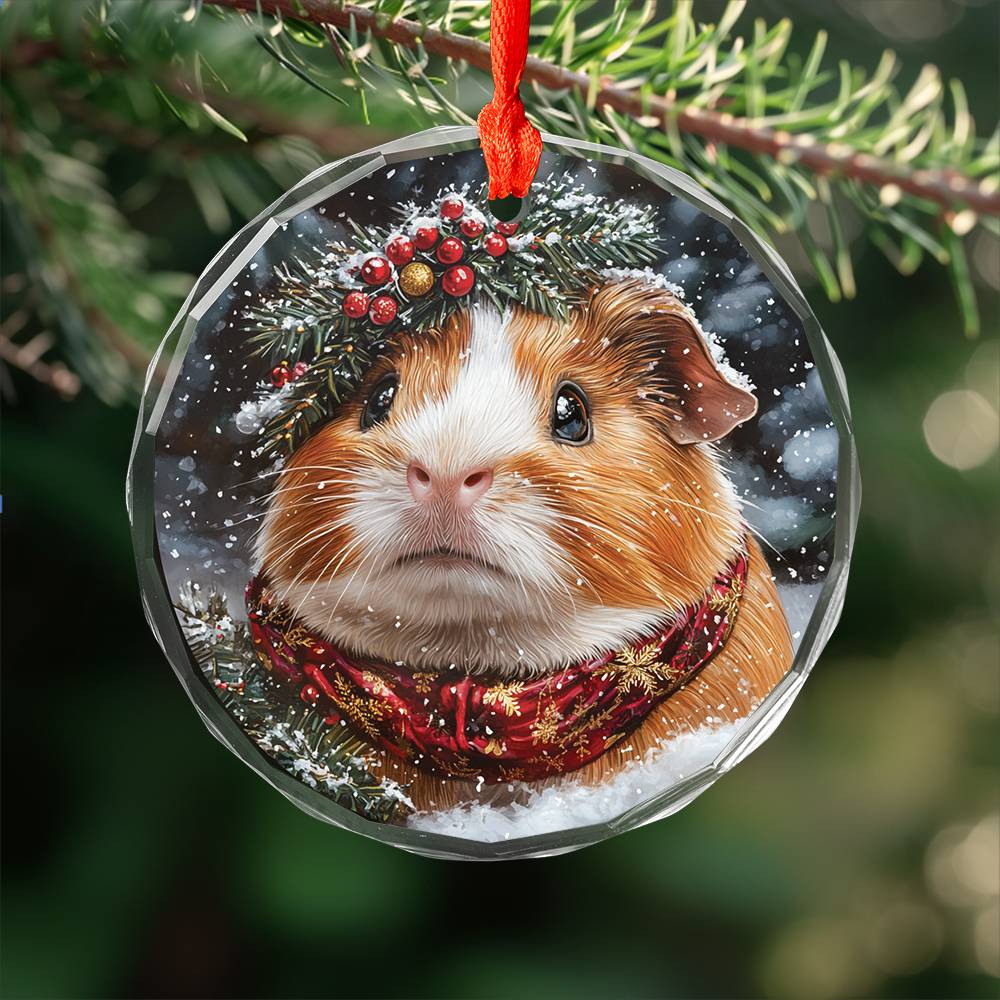 Beautiful Guinea Pig Christmas Night Design 4 Glass Ornament