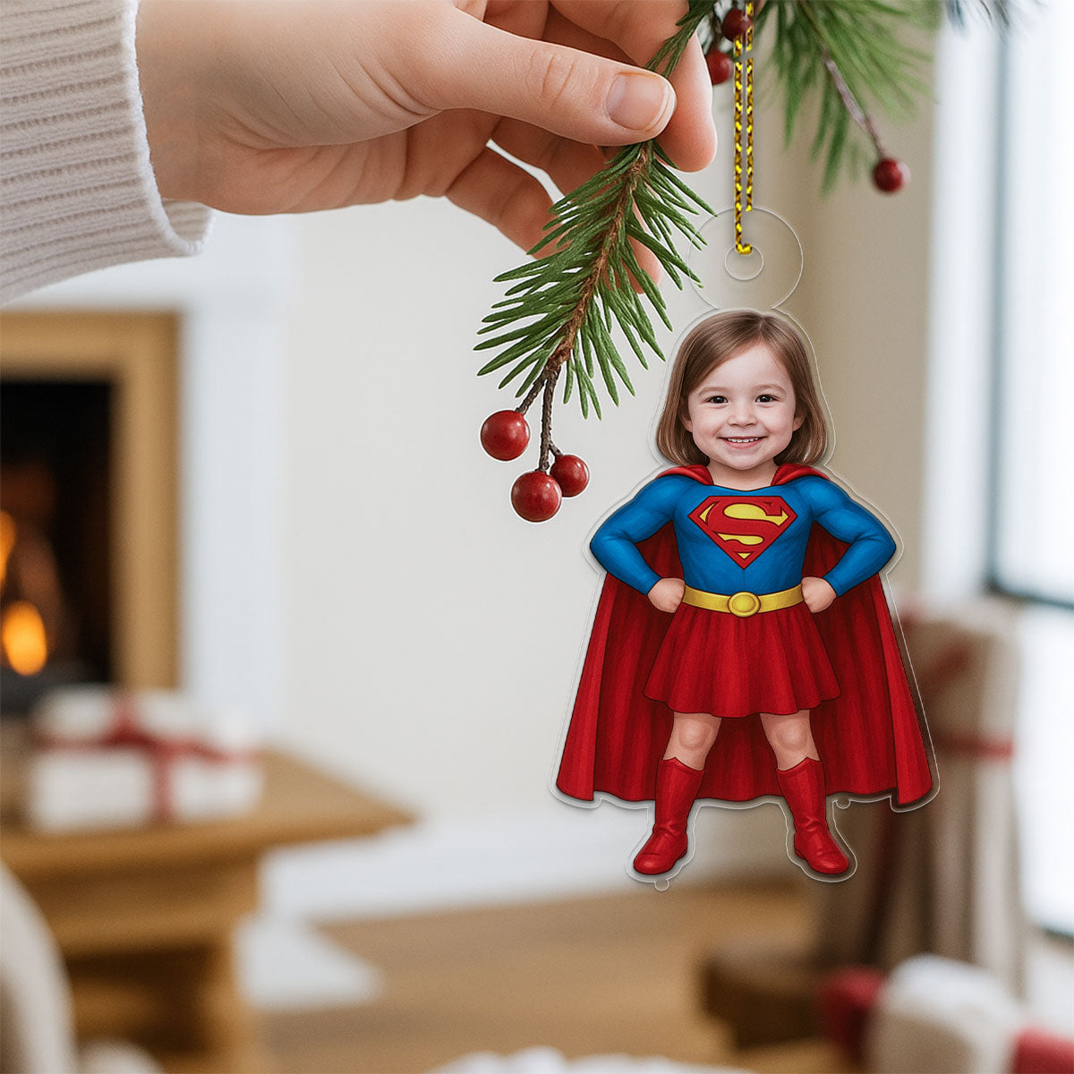 Custom Photo Baby Girl Superman Ornament, Personalized Superhero Christmas Ornament, Baby’s First Christmas Gift