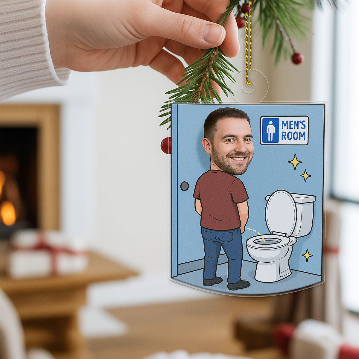 Custom Photo Men's Restroom Ornament, Personalized Funny Christmas Ornament, Bathroom Humor Gag Gift, Toilet Ornament