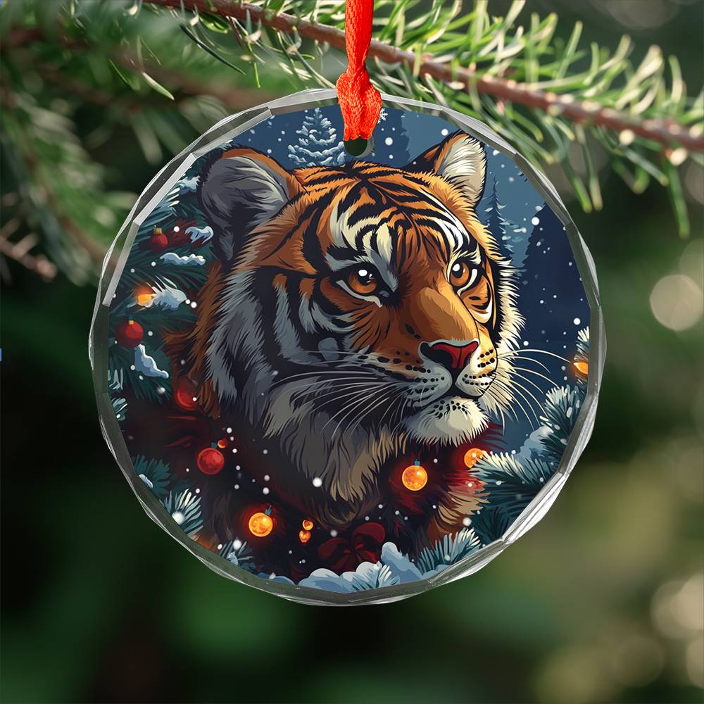 Beautiful Tiger Christmas Night Design 2 Glass Ornament