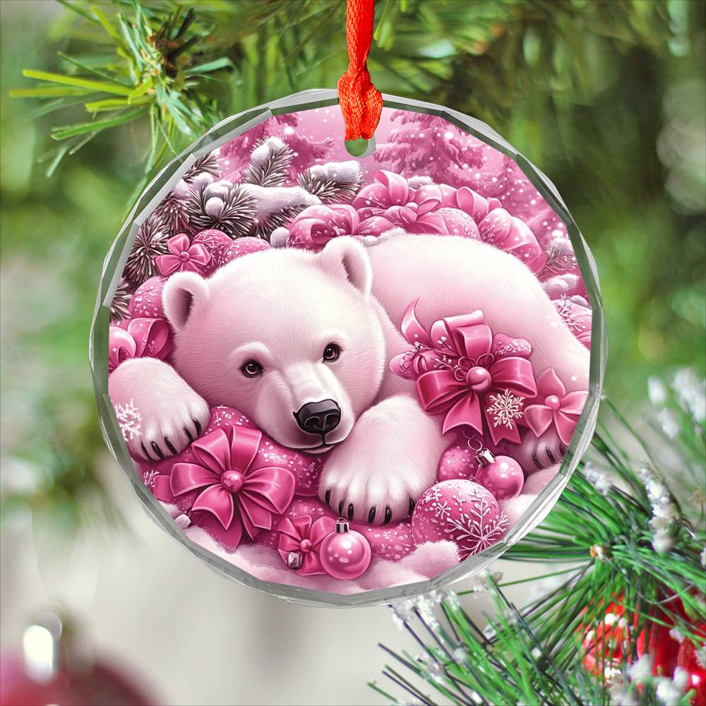 Pola Bear Pink Christmas Design 2 Glass Ornament