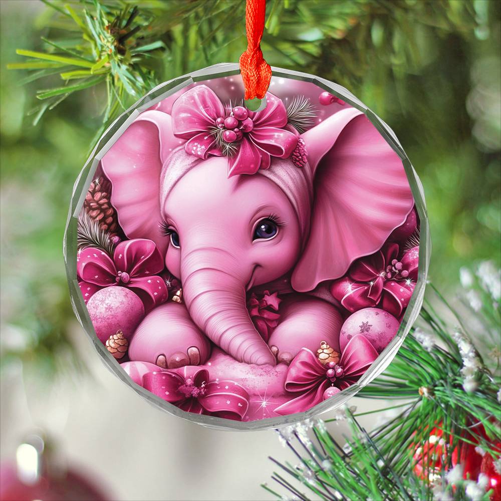 Elephant Pink Christmas Design 4 Glass Ornament