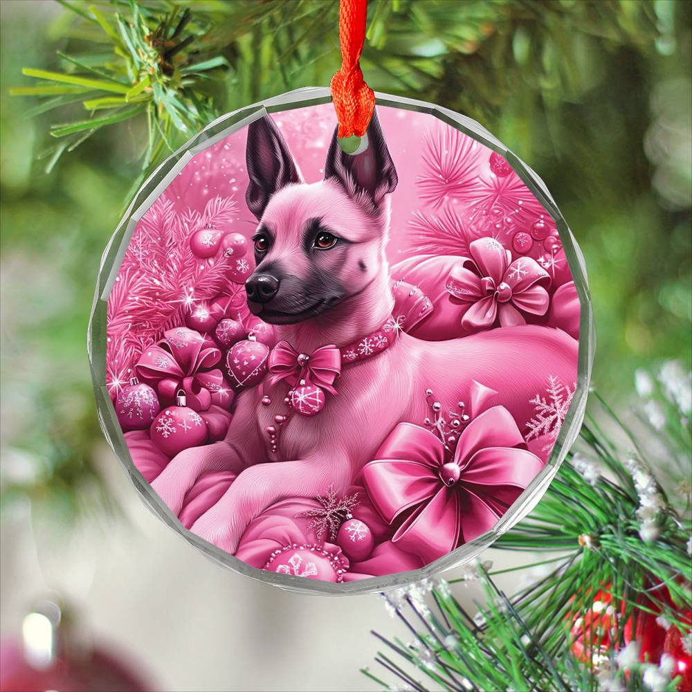 Belgian Malinoi Dog Pink Christmas Design 1 Glass Ornament