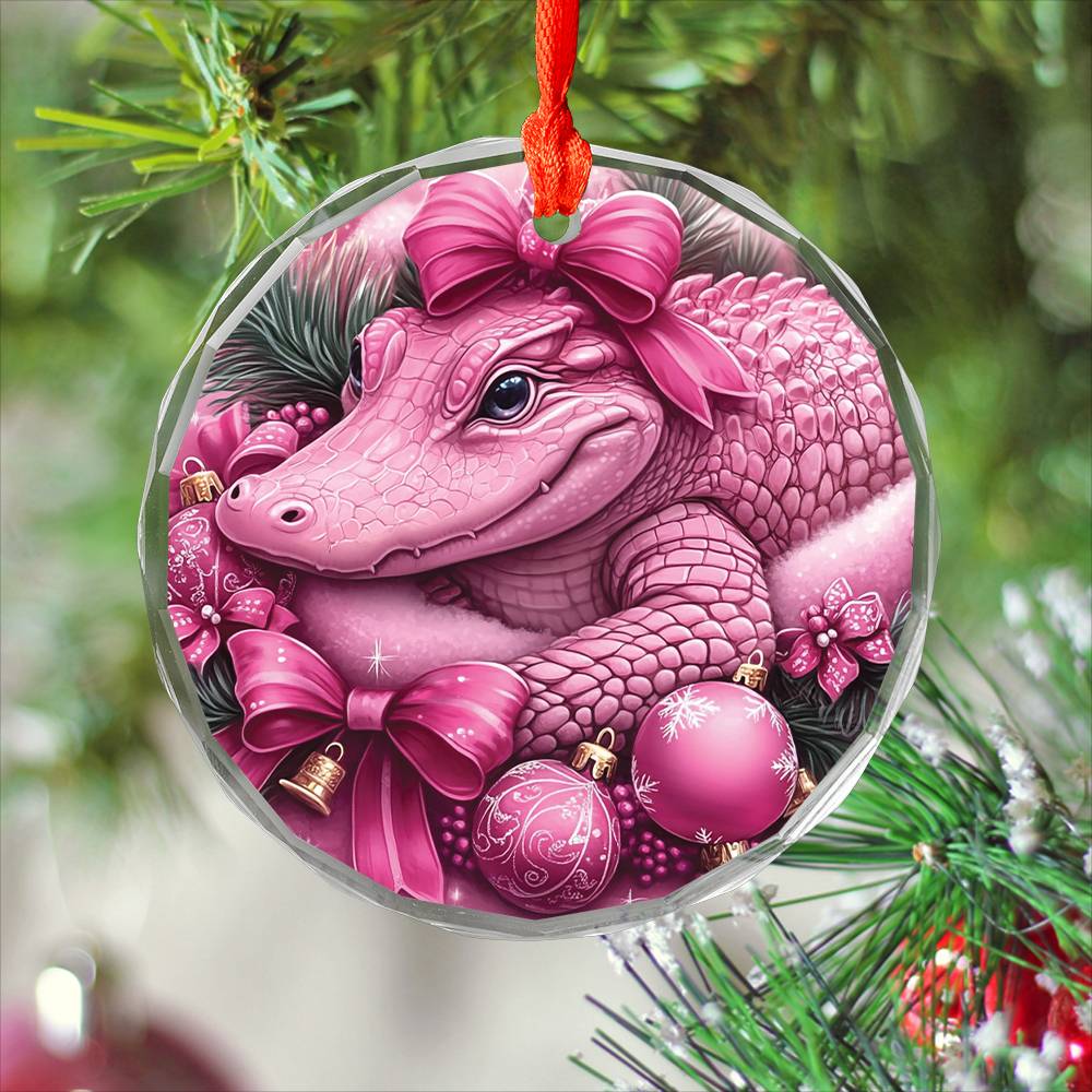 Alligator Pink Christmas Design 1 Glass Ornament