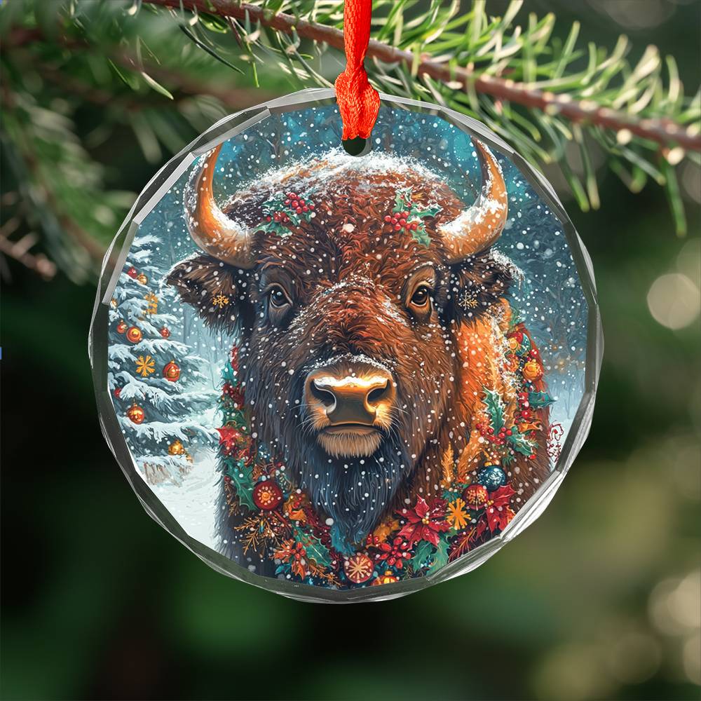 Beautiful Bison Christmas Night Design 2 Glass Ornament