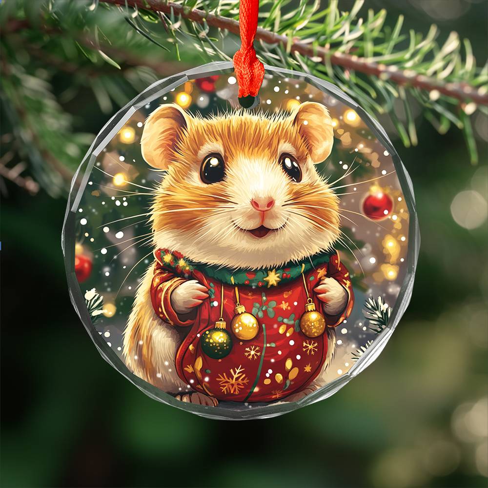 Beautiful Hamster Christmas Night Design 1 Glass Ornament