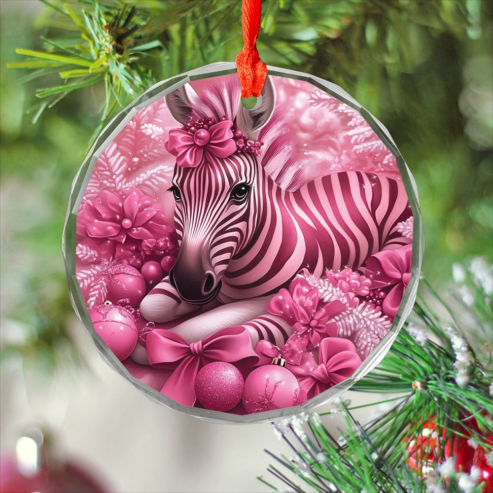 Zebra Pink Christmas Design 1 Glass Ornament