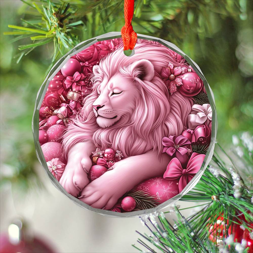 Lion Pink Christmas Design 2 Glass Ornament
