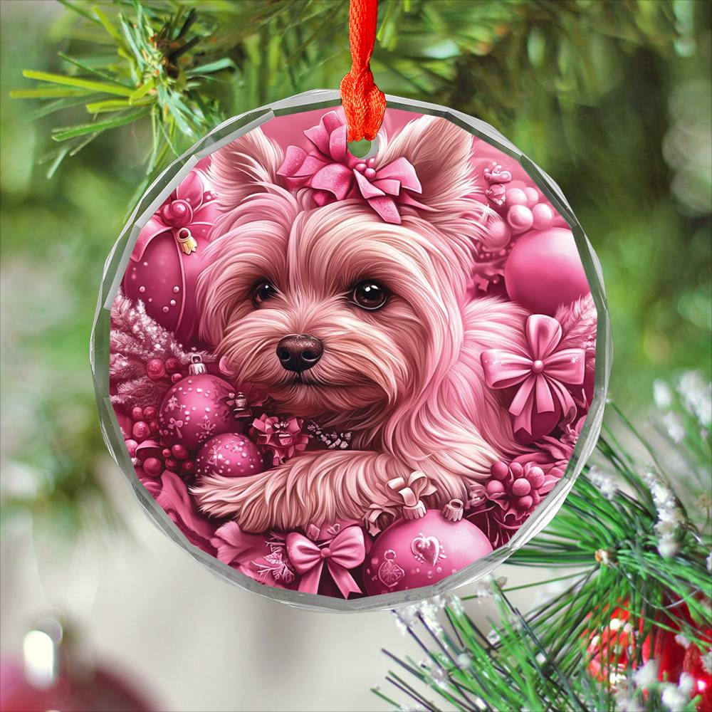 Yorkshire Terrier Dog Pink Christmas Design 1 Glass Ornament