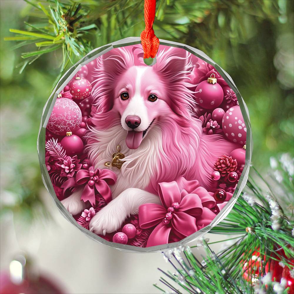 Collie Dog Pink Christmas Design 1 Glass Ornament