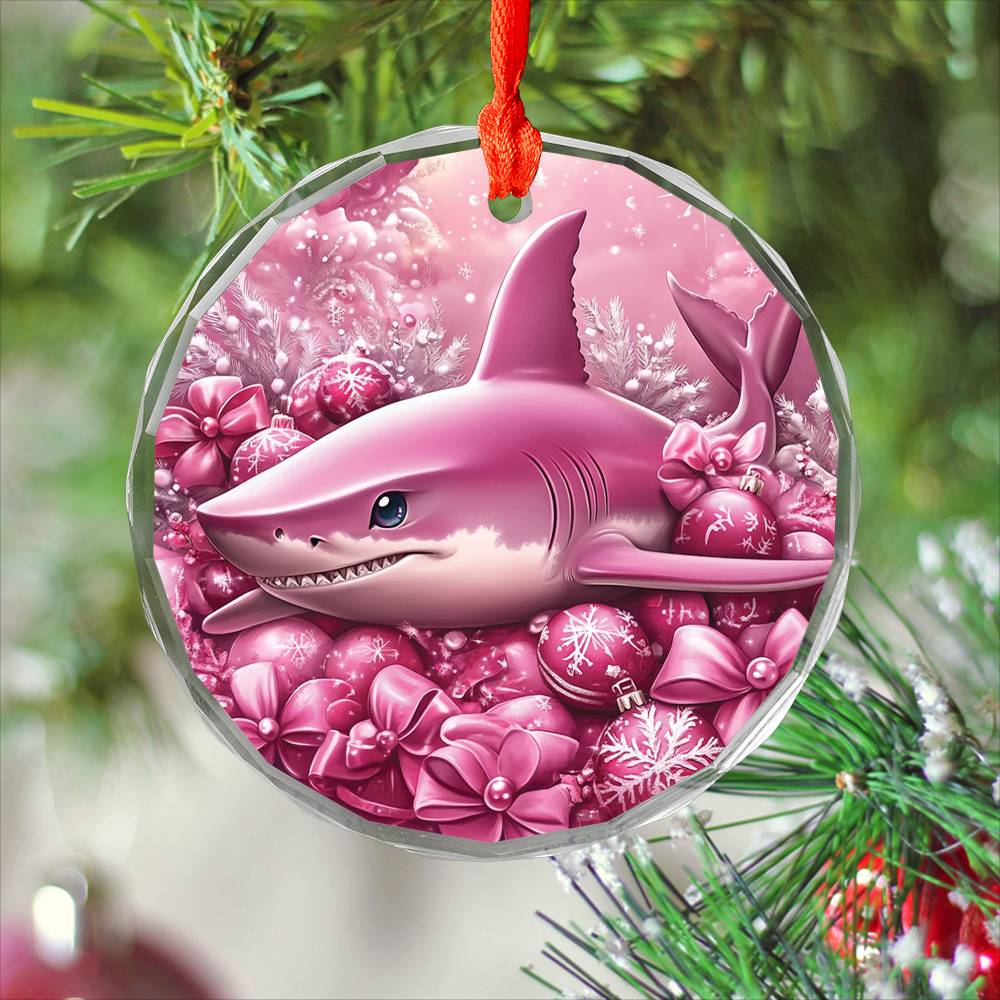 Shark Pink Christmas Design 1 Glass Ornament