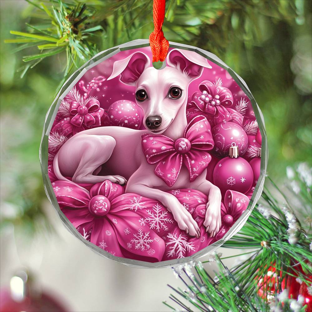 Whippet Dog Pink Christmas Design 3 Glass Ornament
