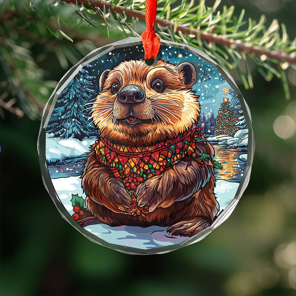 Beautiful Angus Beaver Christmas Night Design 1 Glass Ornament