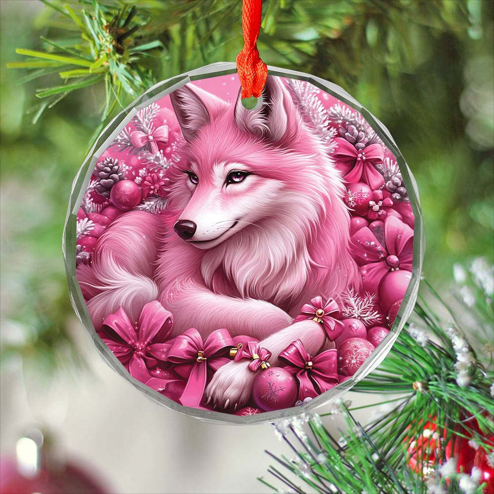 Wolf Pink Christmas Design 2 Glass Ornament