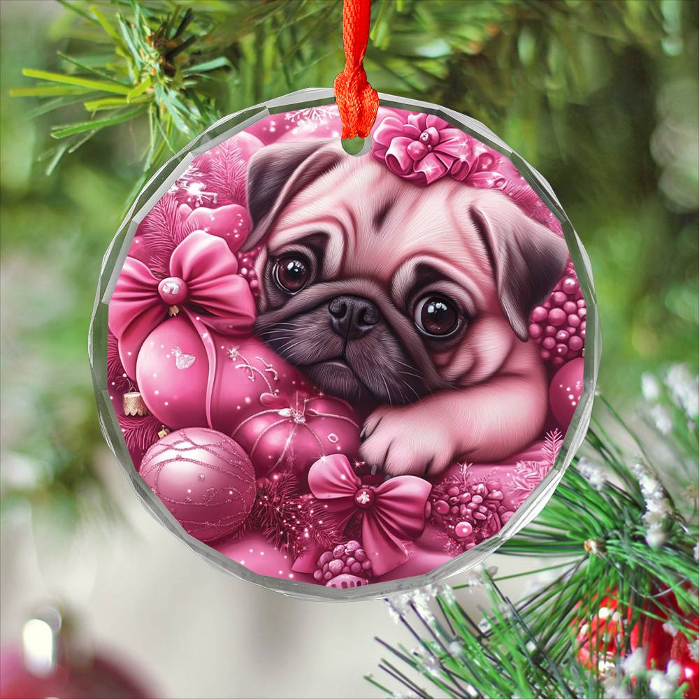 Pug Dog Pink Christmas Design 4 Glass Ornament