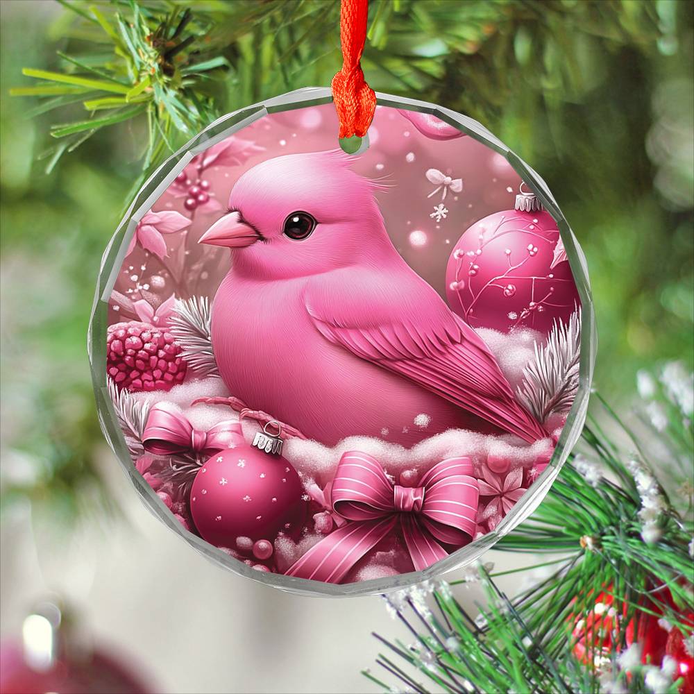 Finch Pink Christmas Design 2 Glass Ornament
