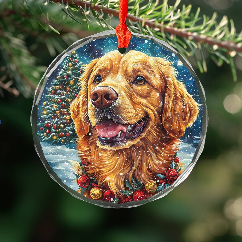 Beautiful Golden Retriever Dog Christmas Night Design 1 Glass Ornament