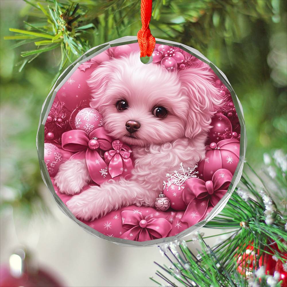 Bichon Frise Dog Pink Christmas Design 3 Glass Ornament