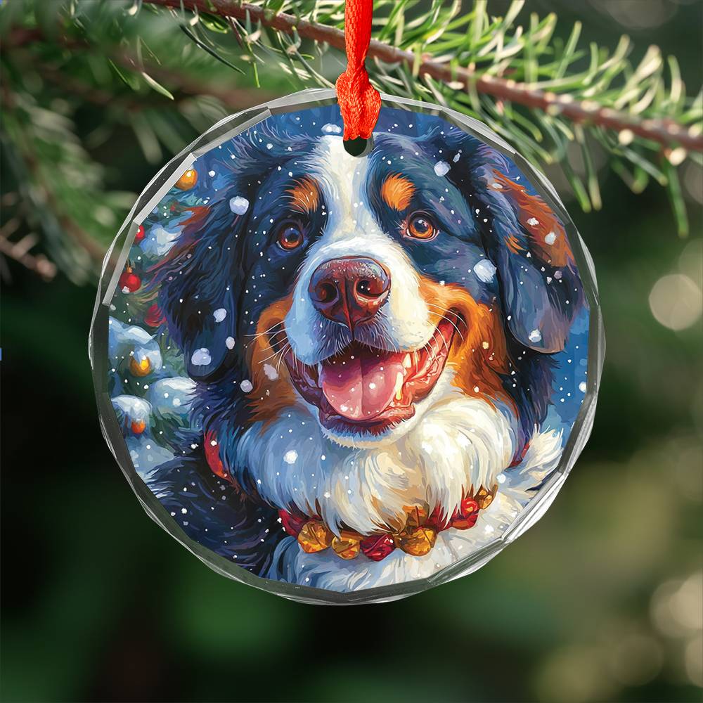 Beautiful Angus Bernese Mountain Dog Christmas Night Design 2 Glass Ornament