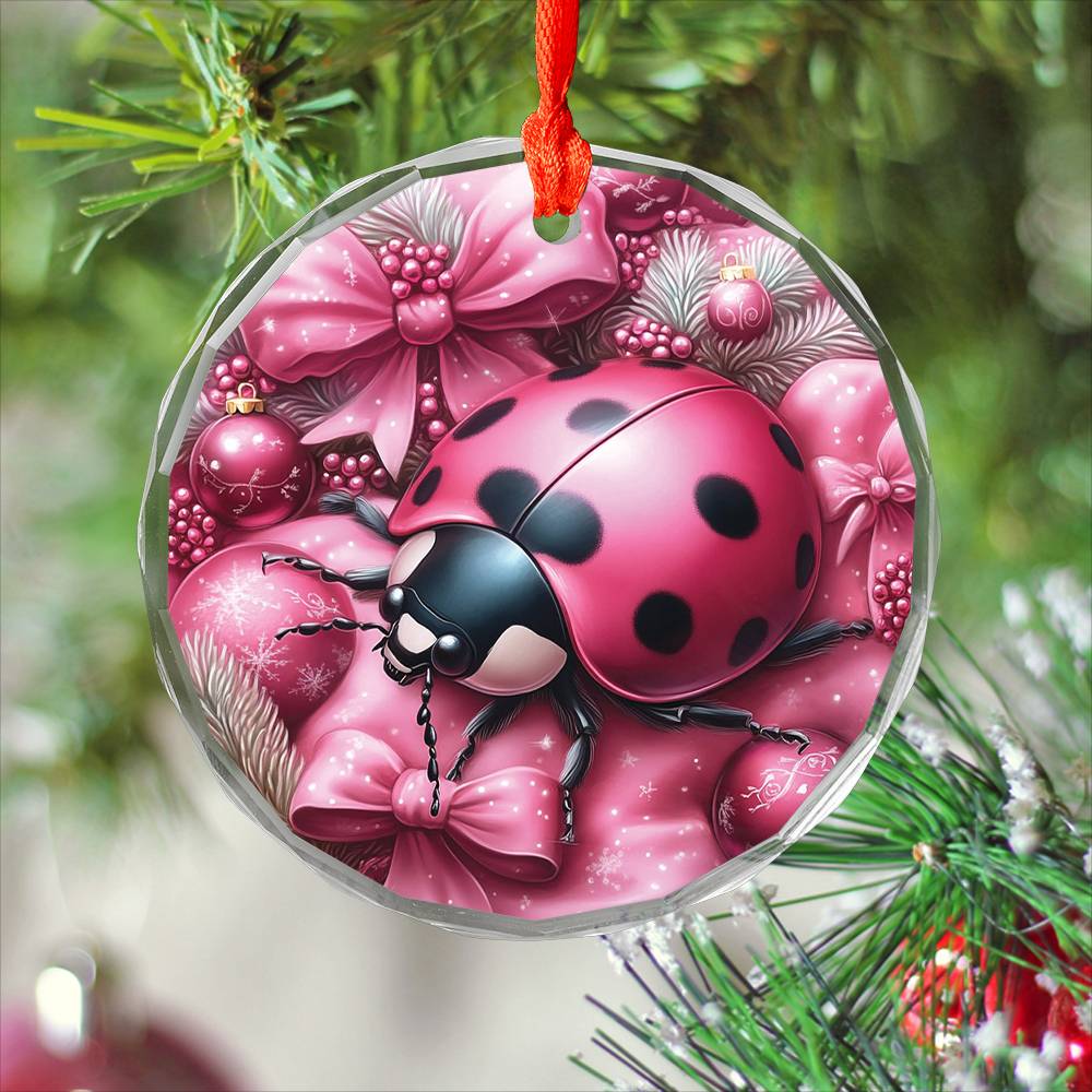 Ladybug Pink Christmas Design 2 Glass Ornament