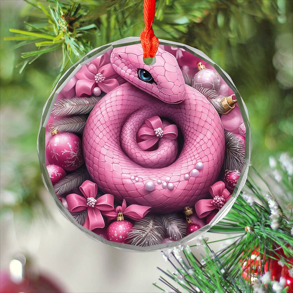 Snake Pink Christmas Design 3 Glass Ornament