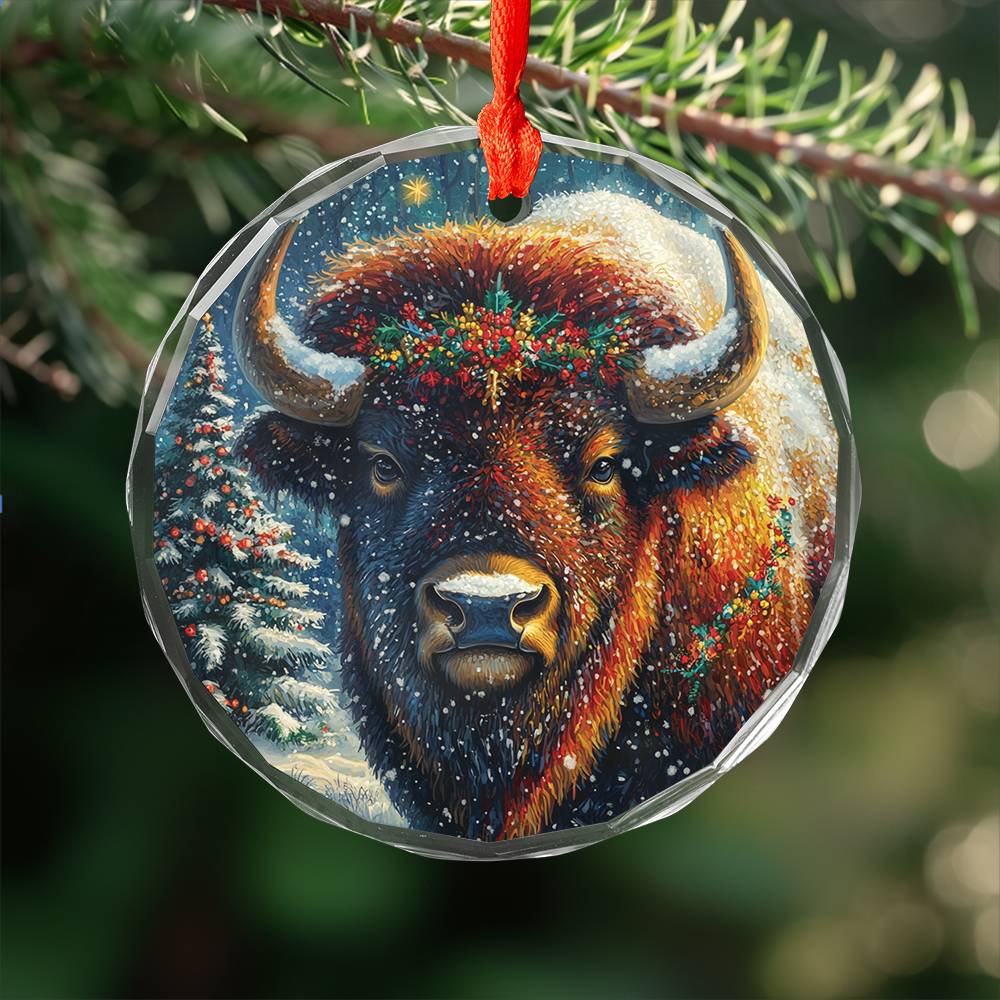 Beautiful Bison Christmas Night Design 3 Glass Ornament