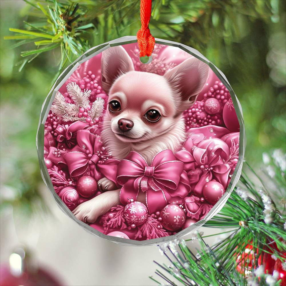 Chihuahua Dog Pink Christmas Design 2 Glass Ornament